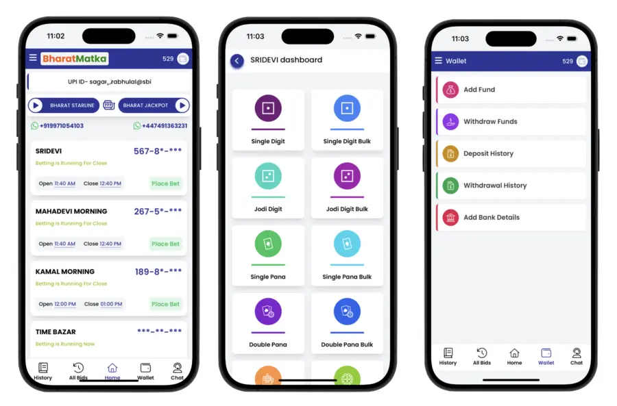 Bharat Matka application on three mobile screens